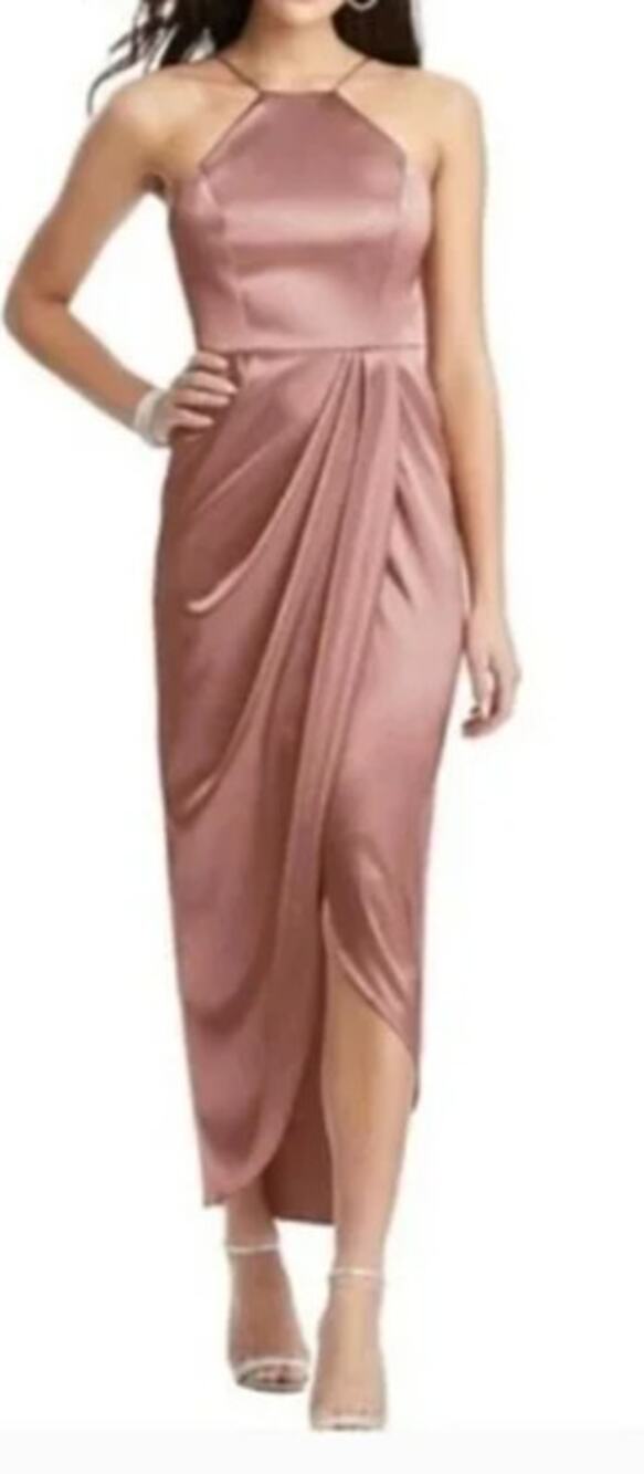 After Six Halter Midi Dress With Draped Tulip Skirt in Desert Rose